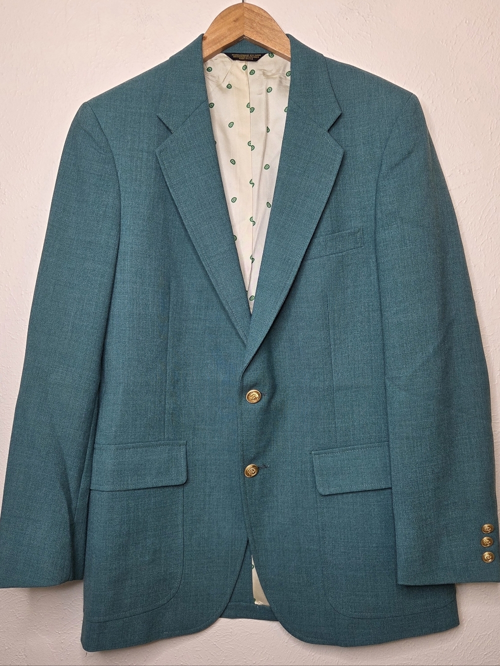 Adams Row Vintage 80s Teal Green Blazer Gold Crest Buttons Preppy Ivy League